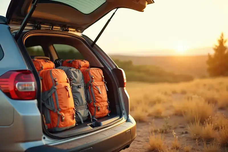 Luggage packed in a car boot ready for an overland tour in Peninsular Malaysia.