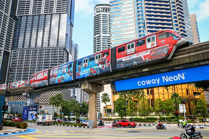 Kuala Lumpur Monorail passing through Bukit Bintang, one of the main public transport options in the city.