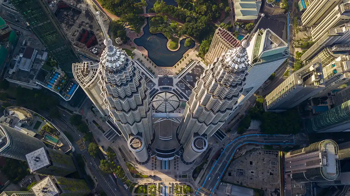 Aerial view of the Petronas Twin Towers in Kuala Lumpur City Centre