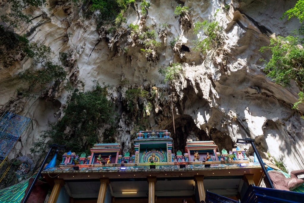 Limestone stalactites and cave formations inside the Temple Cave at Batu Caves in Kuala Lumpur