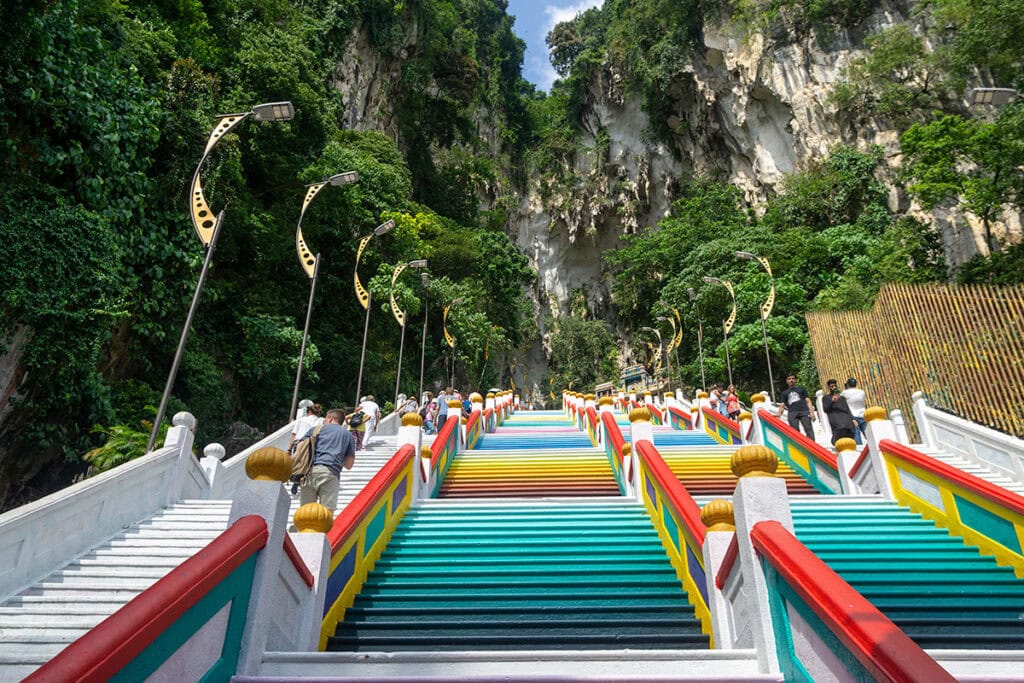 Batu Caves staircase repainting maintenance on the rainbow steps