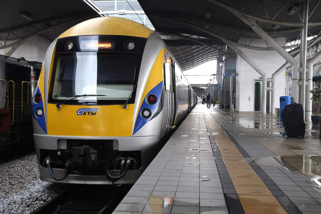 KTM ETS train at Ipoh railway station used for intercity travel between Kuala Lumpur and Penang in Malaysia