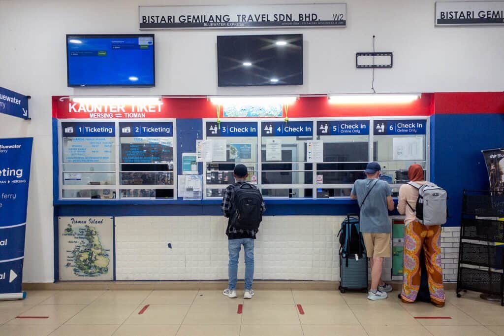 Bluewater Express ticket and check-in counters inside Mersing Jetty — purchase ferry ticket and collect boarding pass for Tioman Island