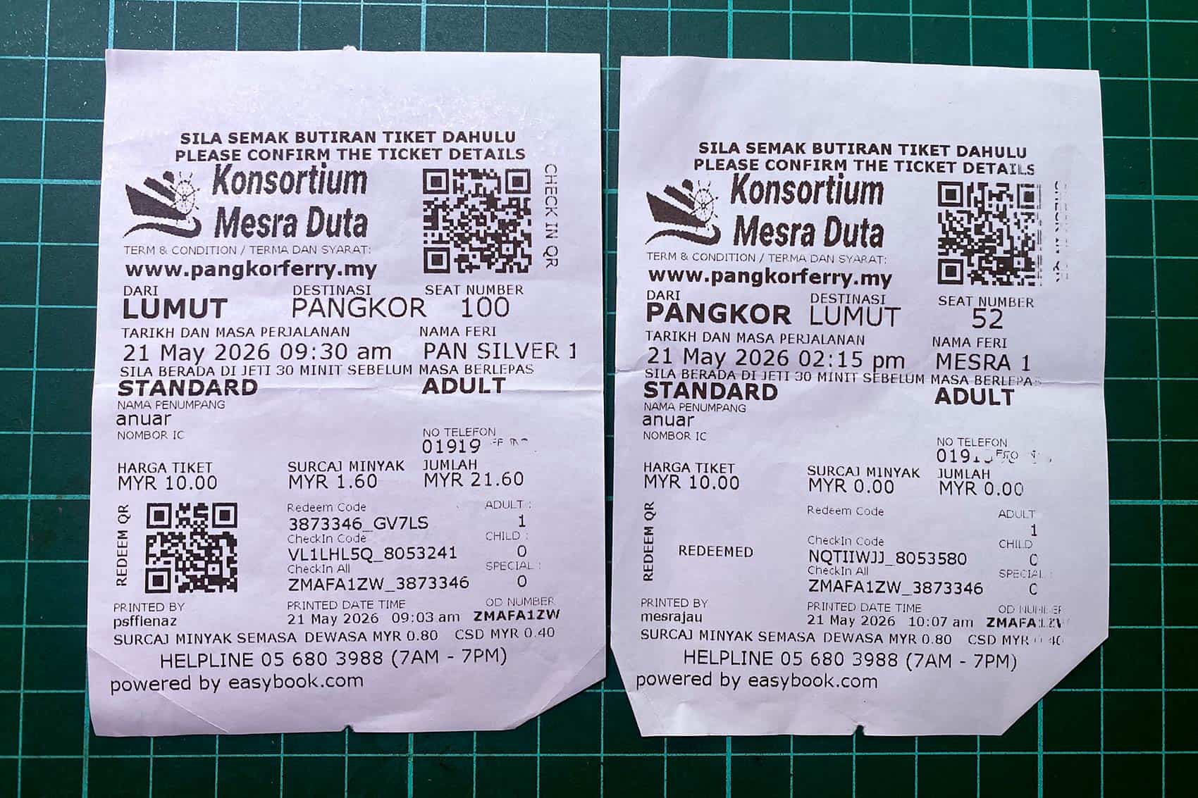 Two Pangkor Island ferry tickets issued by Konsortium Mesra Duta showing the Lumut to Pangkor and Pangkor to Lumut return journey dated 21 May 2026 — return base fare RM20.00 plus RM1.60 fuel surcharge