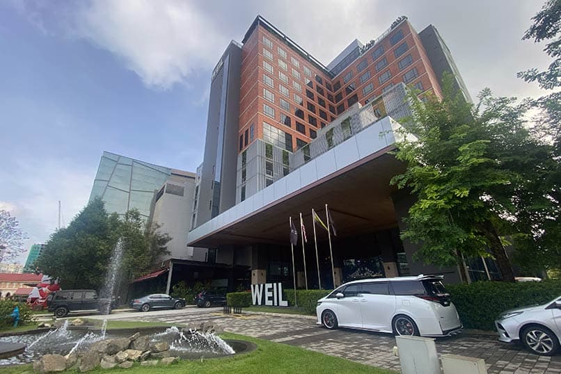 Modern hotel in Ipoh New Town Malaysia with fountain and landscaped entrance