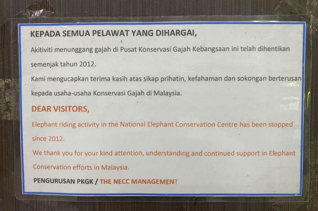 Official NECC notice at Kuala Gandah Elephant Sanctuary confirming elephant riding has been permanently stopped since 2012