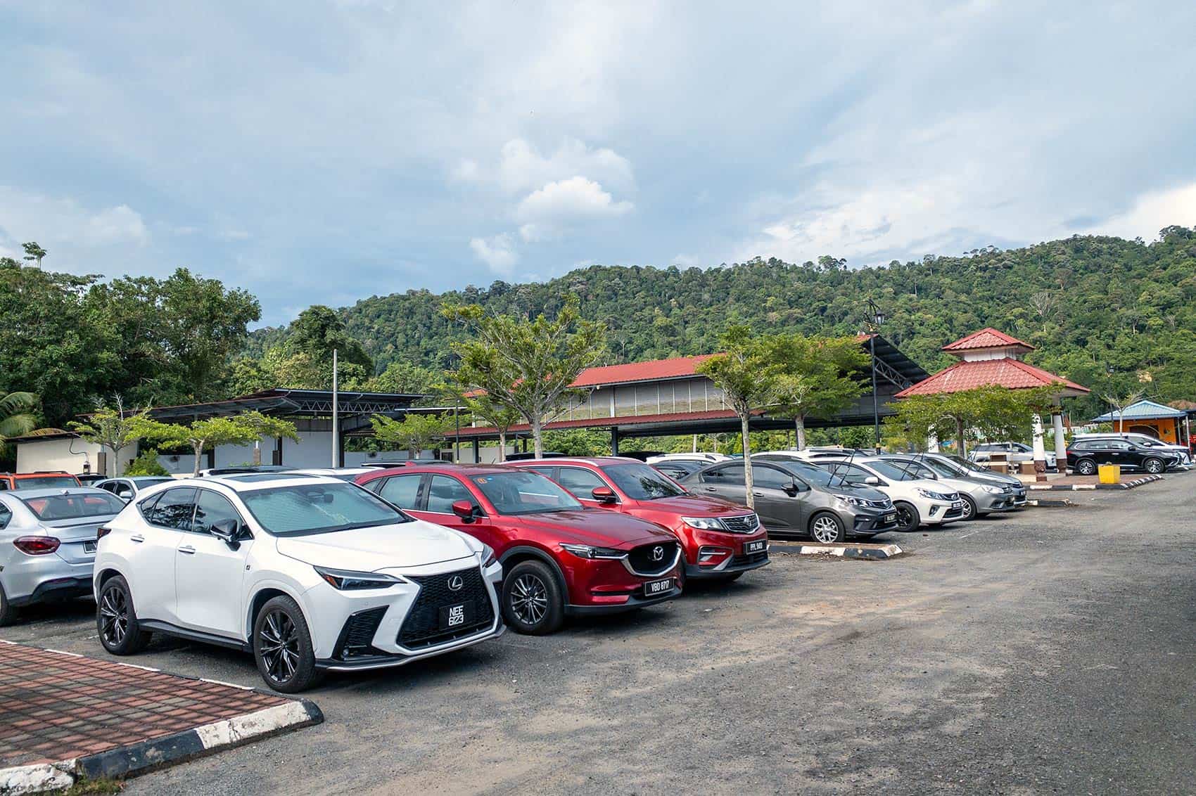 Car park at Kuala Tahan village, Taman Negara, with dense rainforest in the background