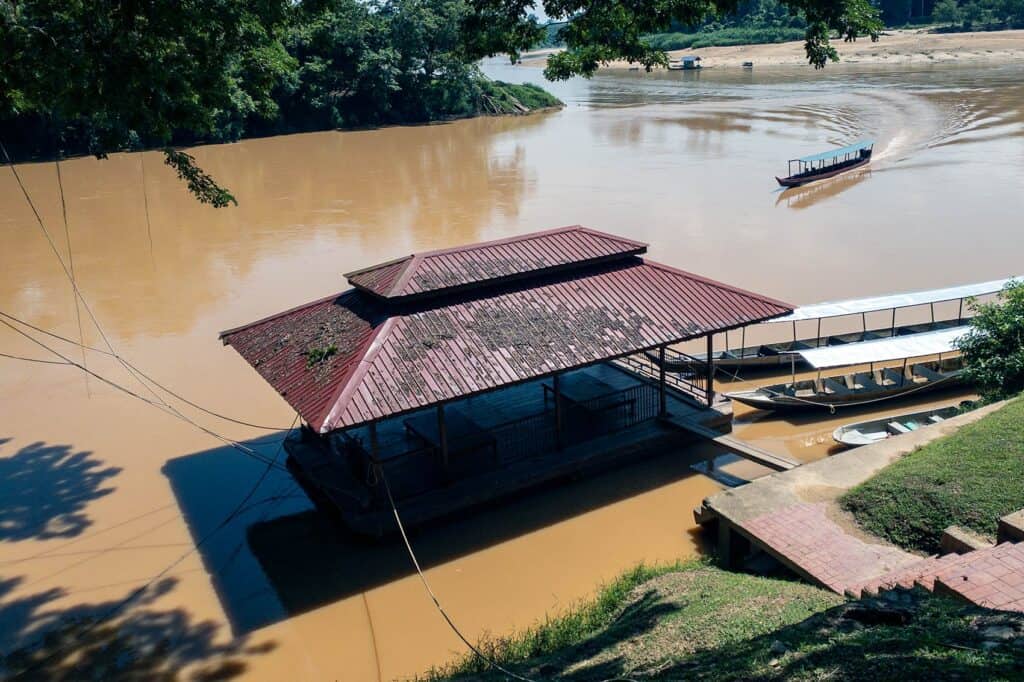 River boats moored at Kuala Tembeling jetty on the Tembeling River — the departure point for the scenic boat journey into Taman Negara Pahang