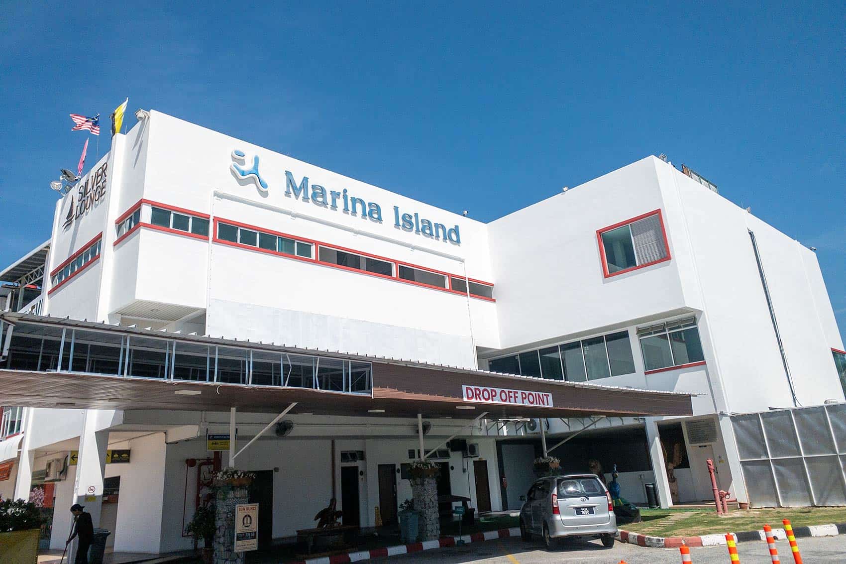 Marina Island Jetty terminal building in Lumut showing the drop-off point and Silver Lounge sign — the modern departure point for the Pangkor Island ferry