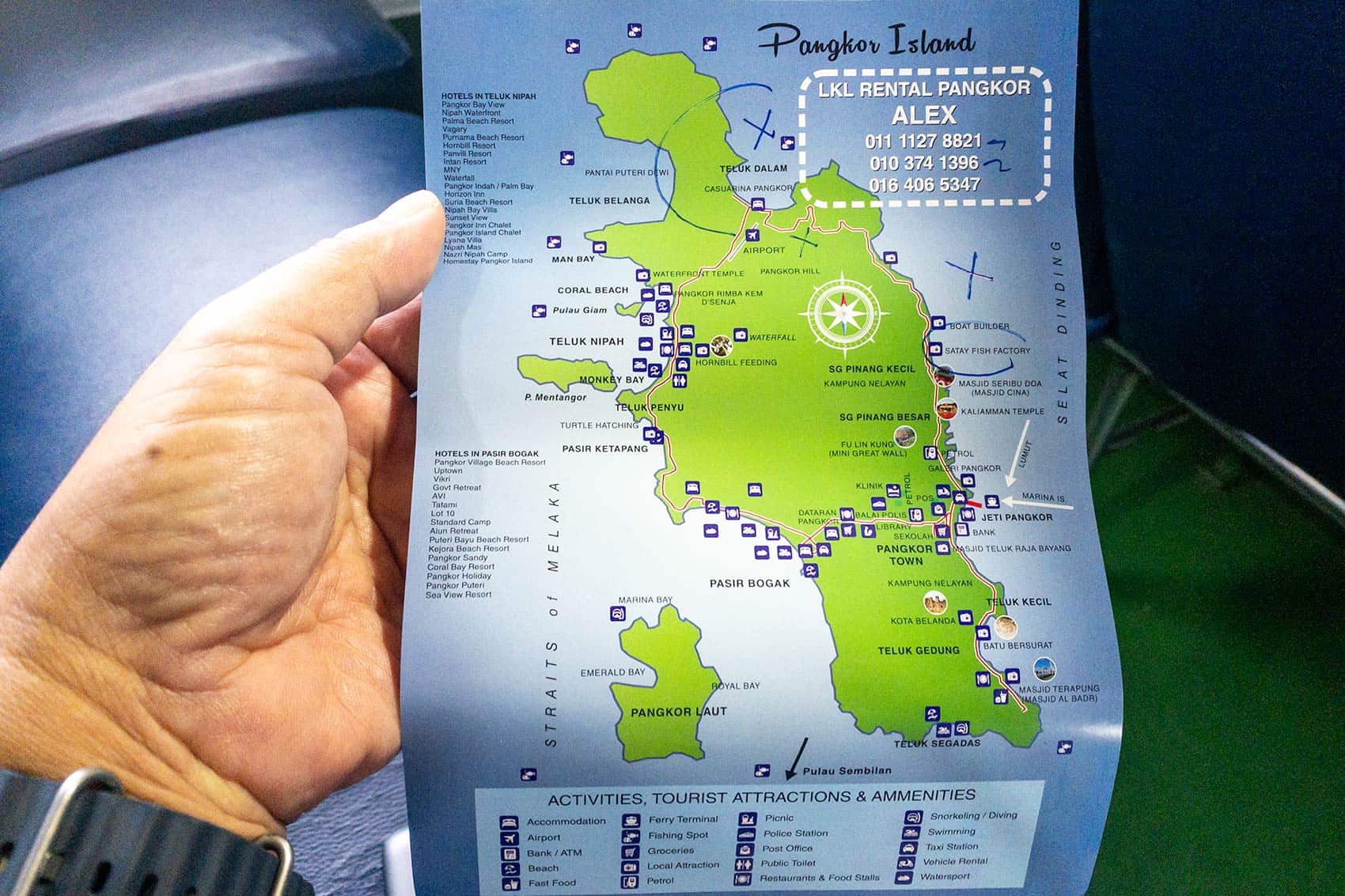 Tourist map of Pangkor Island handed out by motorcycle rental provider LKL Rental Pangkor showing the island road circuit, beaches, and key attractions