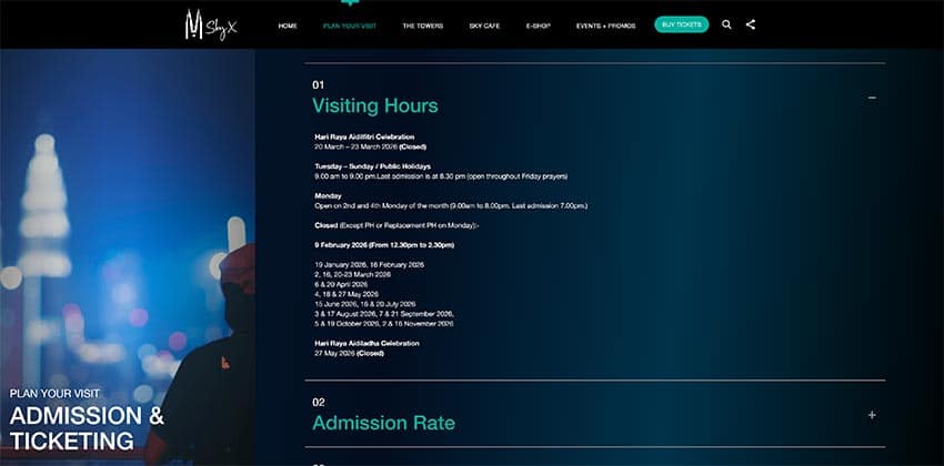 Petronas Twin Towers official Sky Xperience website showing admission and ticketing page with visiting hours