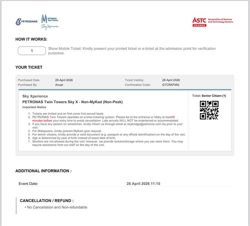 Petronas Twin Towers Sky Xperience ticket confirmation email showing booking details and important rules