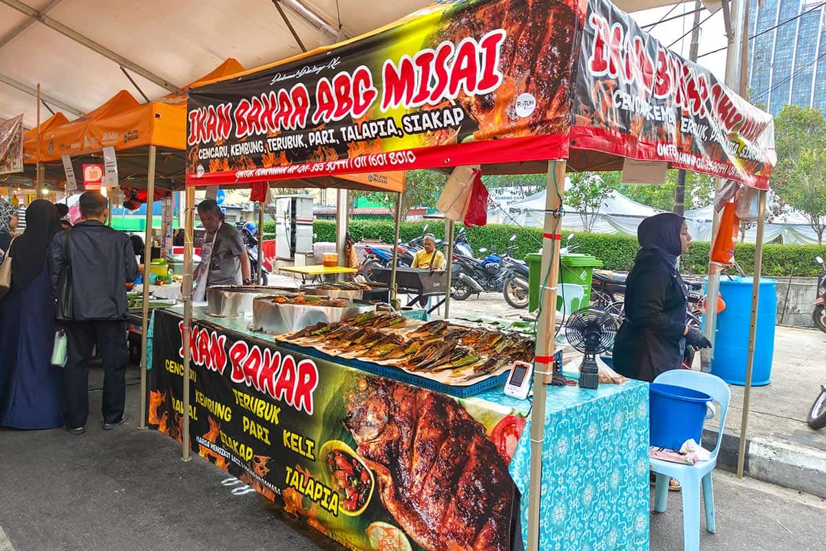 Grilled fish (ikan bakar) stall at a Ramadan night bazaar in Kampung Baru, Kuala Lumpur